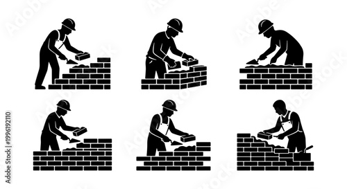 Bricklayer construction worker silhouette icons, professional mason building brick wall set, industrial contractor masonry vector illustrations