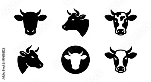 Minimalist cow head icons, black and white cattle silhouettes, set of 6 livestock vector symbols for dairy farm branding and organic meat logos
