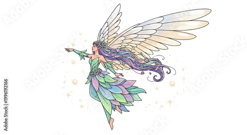 Whimsical Fairy with Angelic Wings, Flowing Hair, and Colorful Gown, Isolated