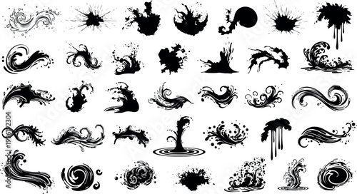Large collection of black ink splatters and abstract liquid shapes with isolated on white brush stroke graphic design liquid splash abstract splatter artistic creative explosion isolated