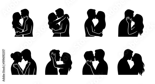 Romantic kissing couple silhouettes, set of 8 black vector icons of lovers embracing, intimate man and woman hugging and kissing for wedding design