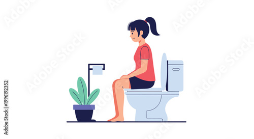 Young woman sitting comfortably on a modern toilet in a bathroom with a green potted plant nearby, emphasizing a daily morning routine.