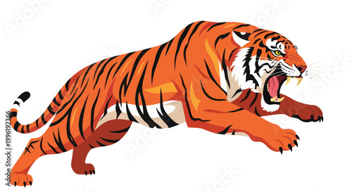 Fierce Tiger Roaring and Pouncing, Aggressive Big Cat Illustration