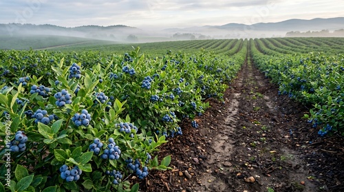 Rows of ripe blueberries on bushes in a vast agricultural field under a misty sky