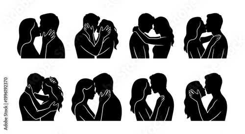 Romantic couple silhouette icons, set of 8 vector illustrations of lovers kissing and hugging, black and white profile portraits of people in love