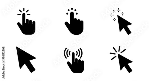 Minimalist computer cursor icon set, black hand click and arrow pointer vector collection, 6 digital navigation interface symbols for web design