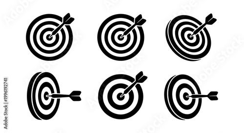 Minimalist target icons with arrows, black bullseye symbol set in various perspectives, 6 business goal and achievement vector elements