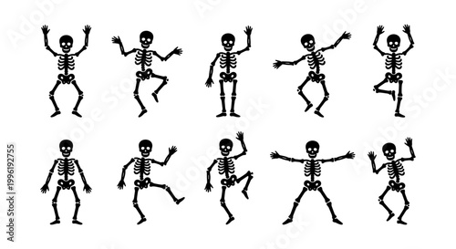 Halloween dancing skeleton vector set, 10 funny black human skeletons in various poses, spooky holiday character silhouettes for party decor