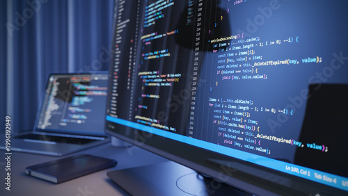 Desktop Computer Screens Show Coding Language User Interface. Program Development, Code, web programming concept. 3d rendering