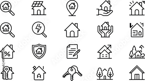 Large collection of real estate and property management line icons featuring house search mortgage rates home security solar energy keys and residential investment vectors.