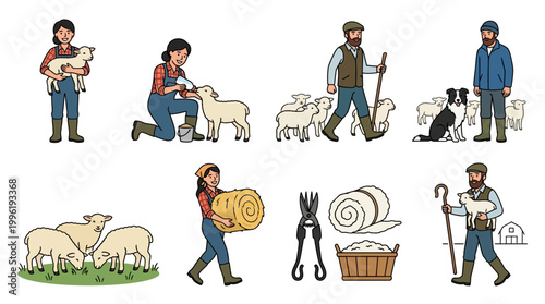 Diverse farmers and shepherds engage in daily agricultural tasks including feeding sheep, shearing wool, and caring for cute lambs