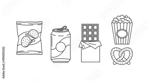 Assortment of popular snack food items in a line drawing.