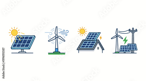 A collection of four illustrations depicting renewable energy sources including solar panels and wind turbines.