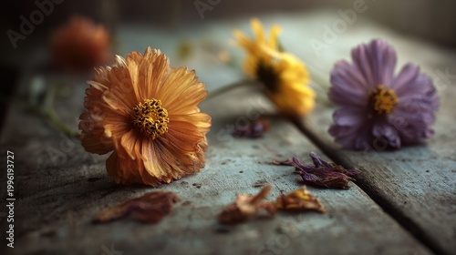 Several colorful blossoms rest upon weathered wooden planks in dim lighting.