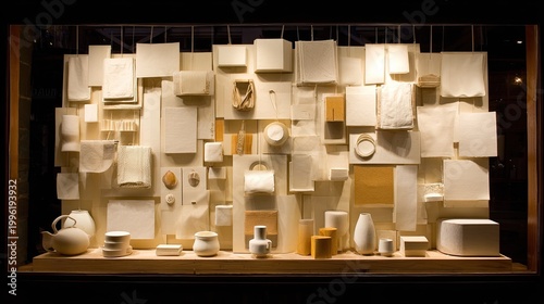 Artful window display showcases collection of handmade paper goods and ceramic objects in warm illumination