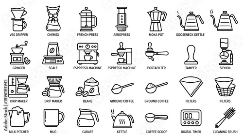 A comprehensive collection of line art icons representing various coffee brewing equipment and accessories, ideal for graphic design and culinary resources.