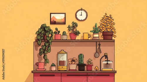 Numerous potted plants and kitchen appliances adorn a set of shelving units against a warm yellow wall