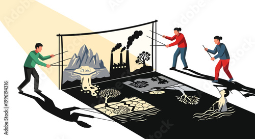 Environmental pollution concept with people pulling apart clean and dirty worlds