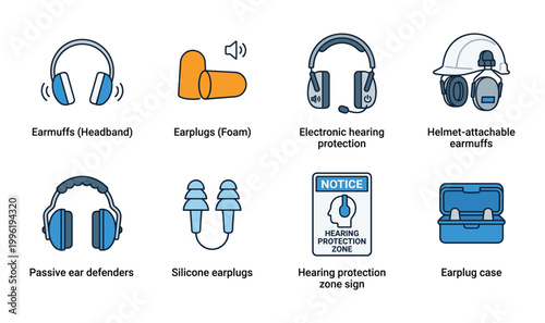 Collection of Personal Hearing Protection Devices and Safety Equipment Icons