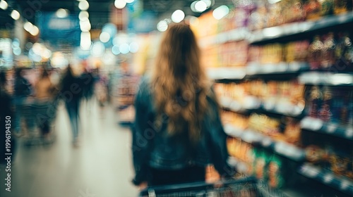 Blurry motion effect captures a shopper browsing products along a brightly lit aisle in a large retail establishment