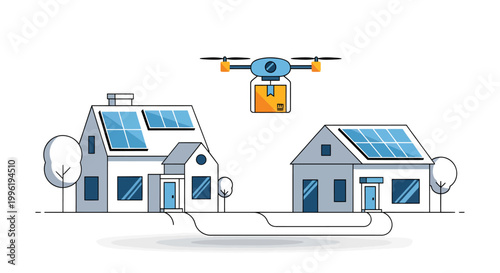 Drone delivering package between two houses with solar panels