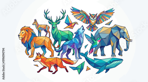 A vibrant geometric illustration featuring a diverse collection of stylized wild animals, including a lion, elephant, whale, fox, deer, wolf, owl, and bird, rendered in a low-poly art style.