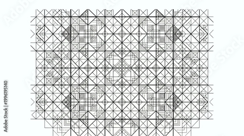 Intricate geometric pattern composed of repeating squares and triangles, creating a complex tessellation with a sense of depth and structure.