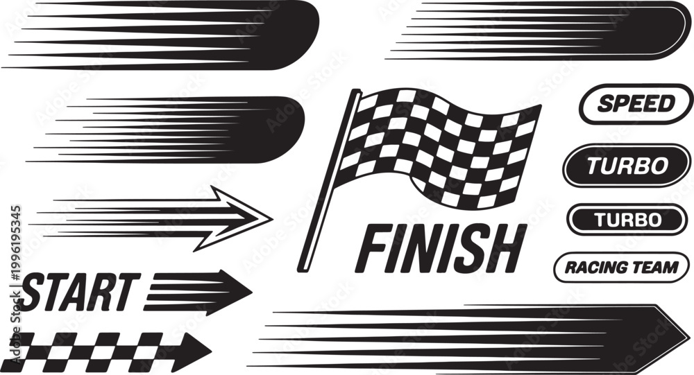 Φωτογραφία Racing speed elements set with checkered flag finish line text turbo badges fast