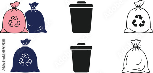 Trash Bags and Garbage Bin Icon Set with Recycling Symbols, Waste Management, Disposal Containers and Environmental Cleaning Vector Illustration