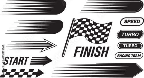 Racing speed elements set with checkered flag finish line text turbo badges fast motion arrows and movement graphics Vector Illustration