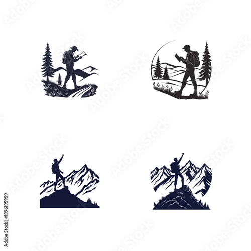 Fotografia Set of four black silhouette hiking icons with mountain landscapes