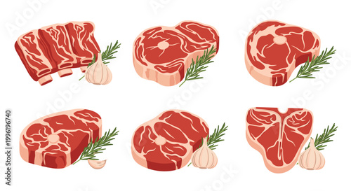 Various cuts of raw red meat including T-bone steak and ribs are presented with fresh rosemary sprigs and whole garlic cloves for savory seasoning.