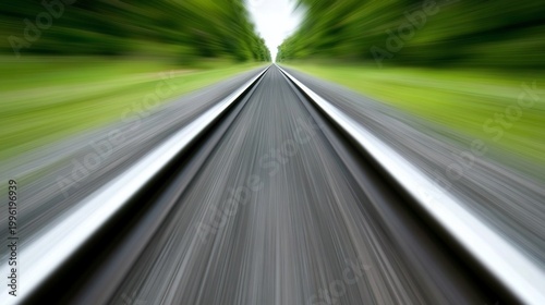 Motion Blur on an Empty Road Through Green Trees.