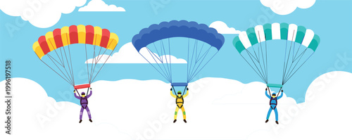 Skydivers Landing with Colorful Parachutes in Sky Background Cartoon Illustration for Extreme Sport Adventure and Outdoor Recreation Design