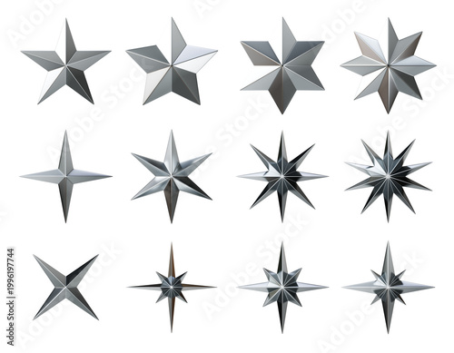 Set of silver metallic 3D stars with various geometric shapes. Shiny chrome decorative star icons