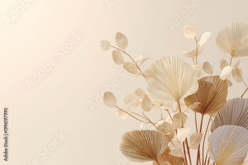 Elegant dried leaves and palms on minimal beige background