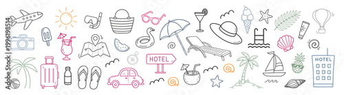 Travel, tourism and vacation outline icon set, summer holiday symbols with transport, beach and adventure elements, vector line collection on transparent background