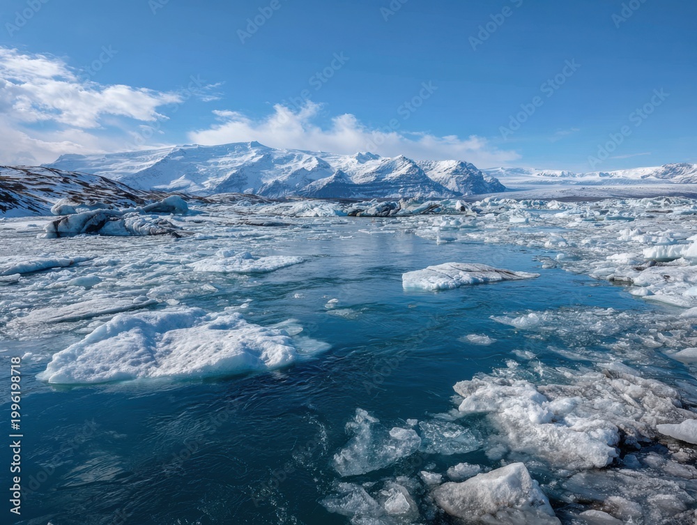 Obraz premium Arctic Icebergs Floating in Blue Water Under a Clear Sky glacier