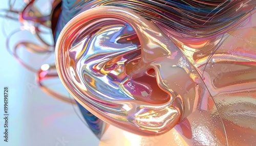 Abstract Metallic Ear Sculpture with Iridescent Reflections.