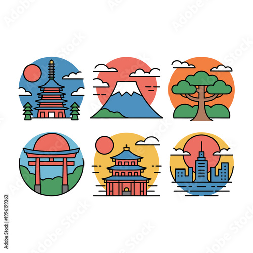 Japanese landmarks vector icons featuring famous buildings and nature