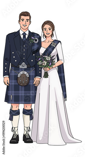 Illustration of a Scottish bride and groom in traditional wedding attire, holding hands.
