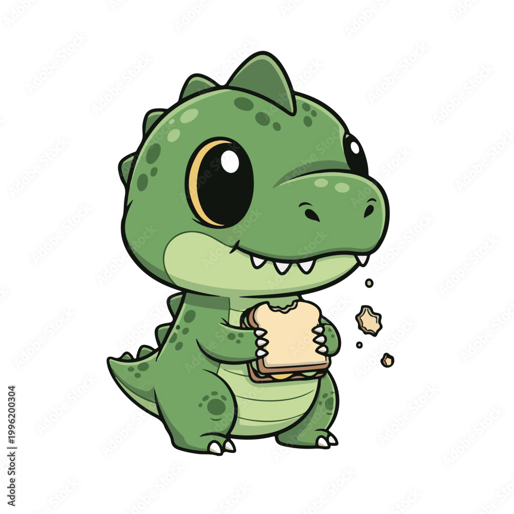 Fototapeta premium Playful vector illustration of a charming little green dinosaur, a happy cartoon character enjoying a tasty sandwich, embodying a delightful concept for kids' entertainment and educational content