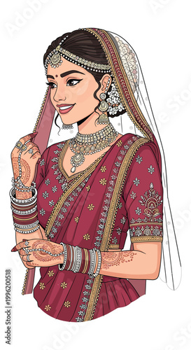 Illustration of a woman in Indian wedding dress and jewelry, perfect for cultural or wedding-related marketing and advertising materials.
