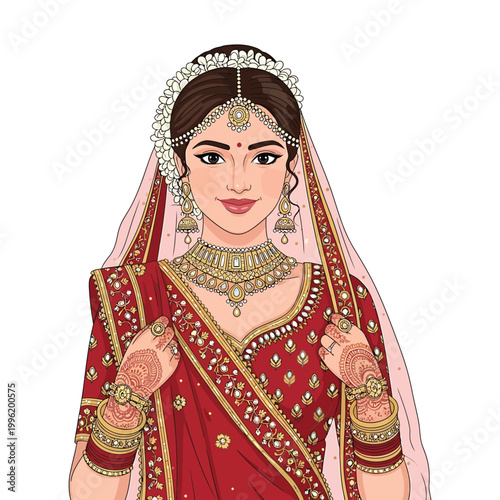 Illustration of a woman wearing traditional Indian wedding dress and ornaments