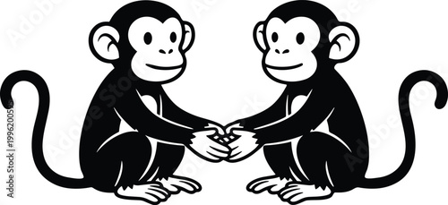 Two cartoon monkeys holding hands in a friendly gesture.