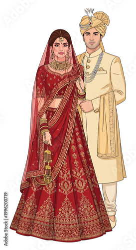 Illustration of an Indian bride and groom dressed in traditional wedding clothing, suitable for marketing, advertising, or educational materials related to Indian culture, weddings, or fashion.