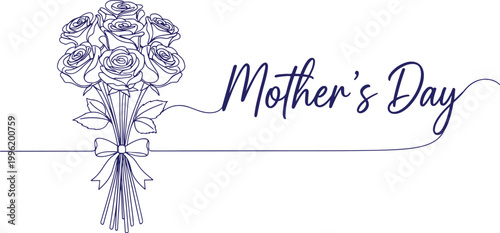 A beautiful bouquet of roses tied with a ribbon and the words Mother's Day written in elegant cursive script.