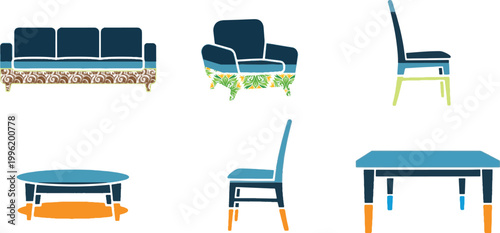 Modern furniture icon set featuring sofa, armchair, dining table, and chairs with colorful geometric accents.