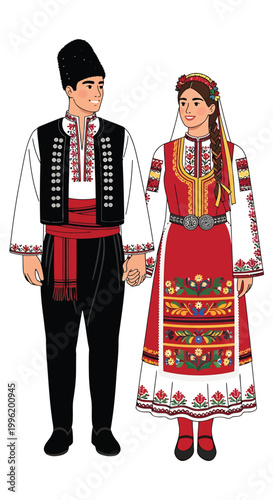 Illustration of a Bulgarian man and woman wearing traditional folk attire, holding hands on a white background, perfect for cultural or festive concepts.