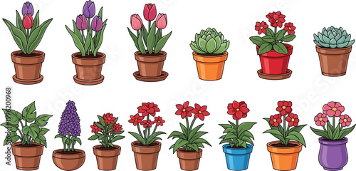 Collection of colorful potted plants including tulips succulents and flowering plants in various ceramic pots isolated on white background vector illustration for garden decor
